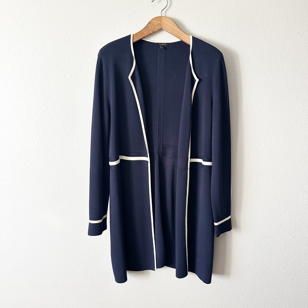 Talbots Navy White Trim‎ Mid-length Knit Open Front Cardigan Sweater Size Large